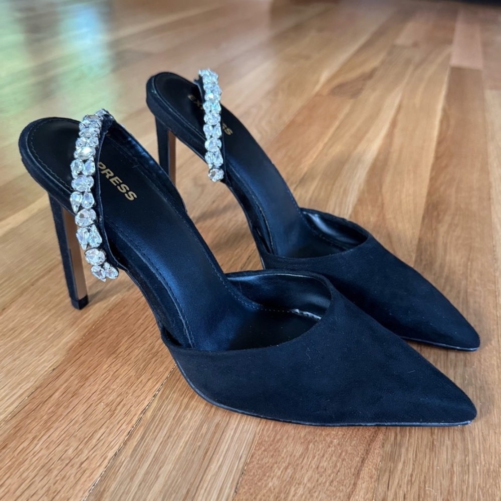 Express Black Suede Pointed Toe Heels with Rhinestone Slingback Strap - Picture 6 of 7